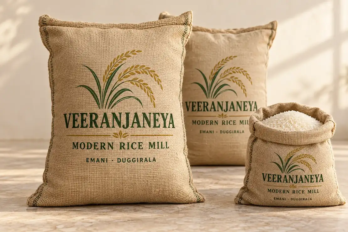 Veeranjaneya branded jute rice bags — packaging visualization