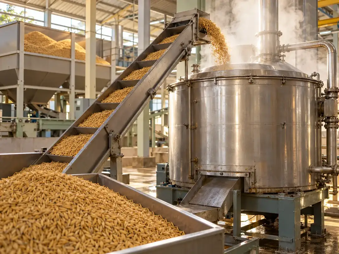 Paddy steaming equipment operating inside a rice mill