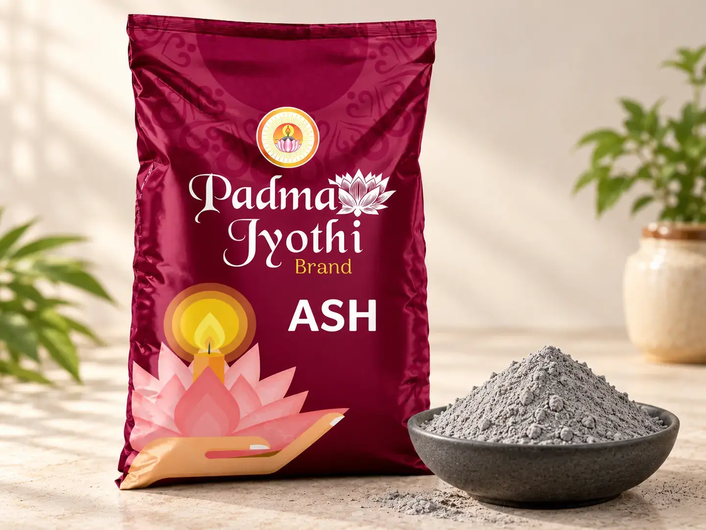 Padma Jyothi Ash branded bag with grey rice husk ash