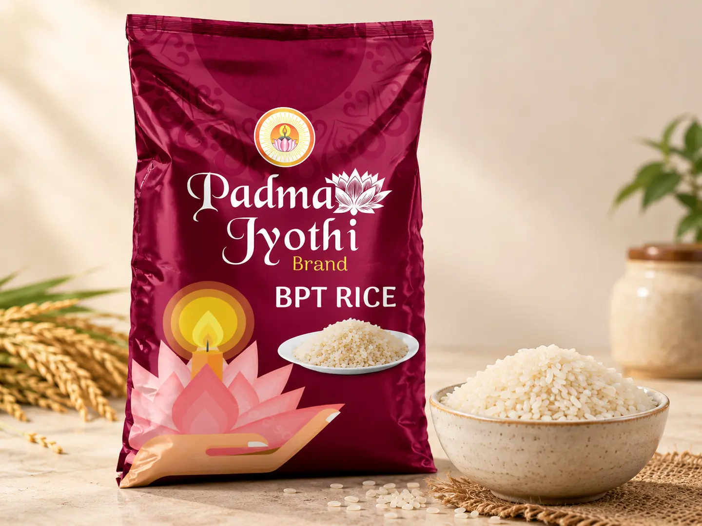 Padma Jyothi BPT rice branded bag and uncooked rice