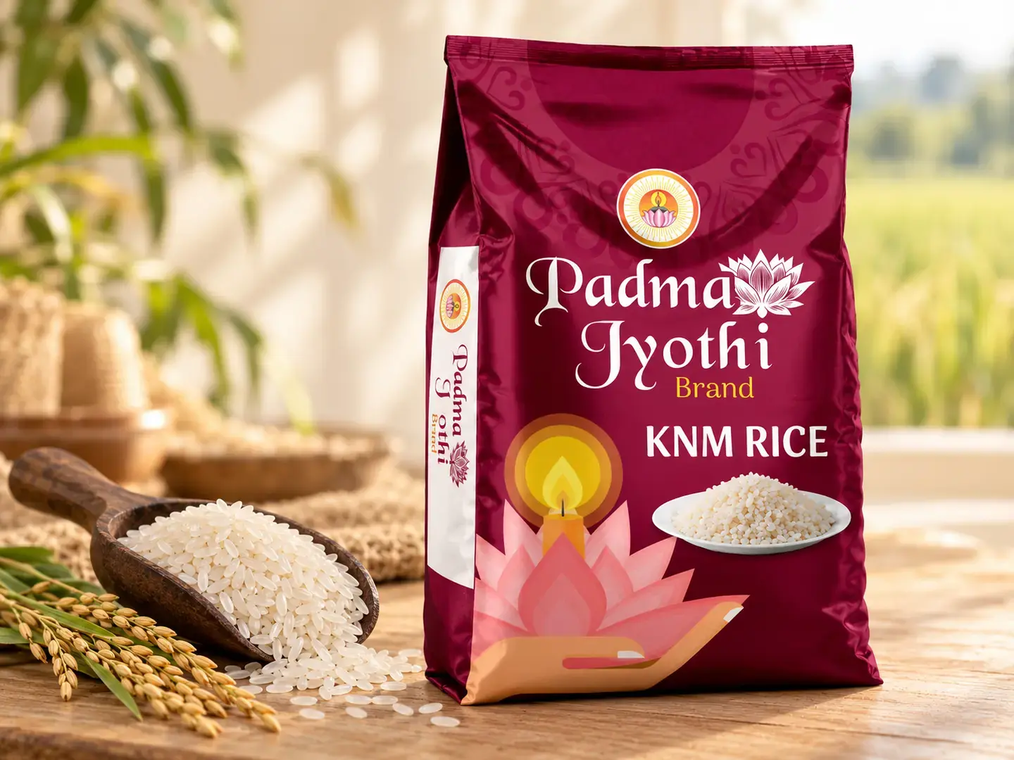 Padma Jyothi KNM rice branded bag and uncooked rice