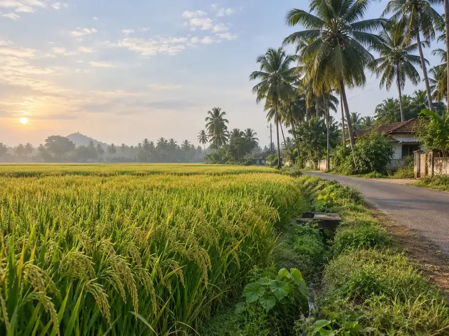 Paddy fields and village road near Emani