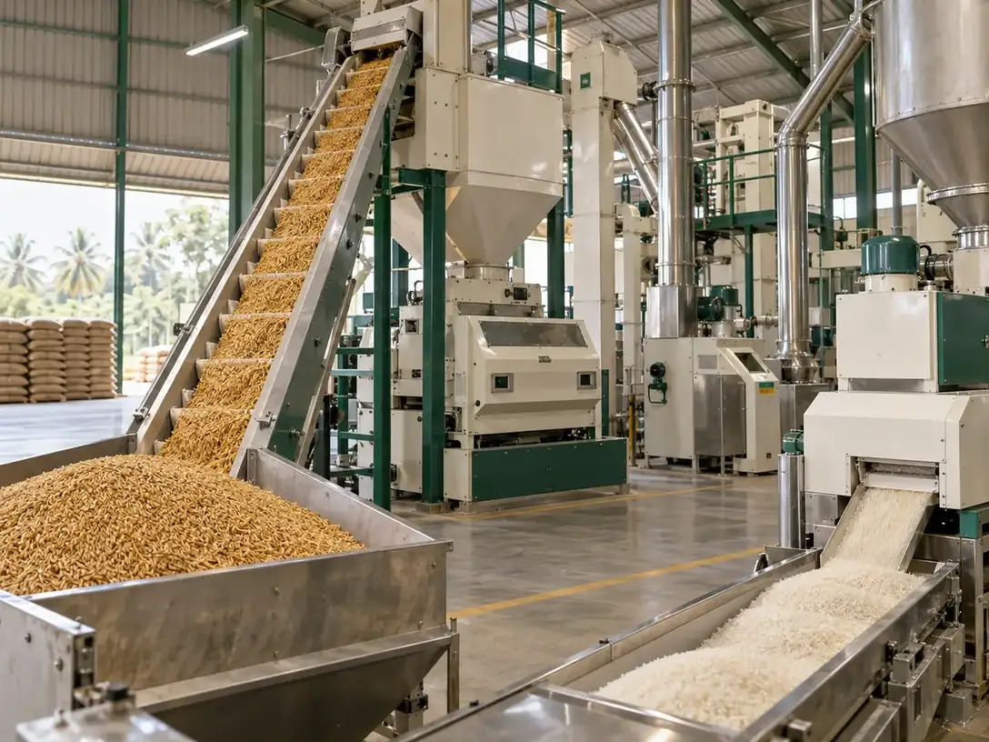 Paddy moving through the milling line