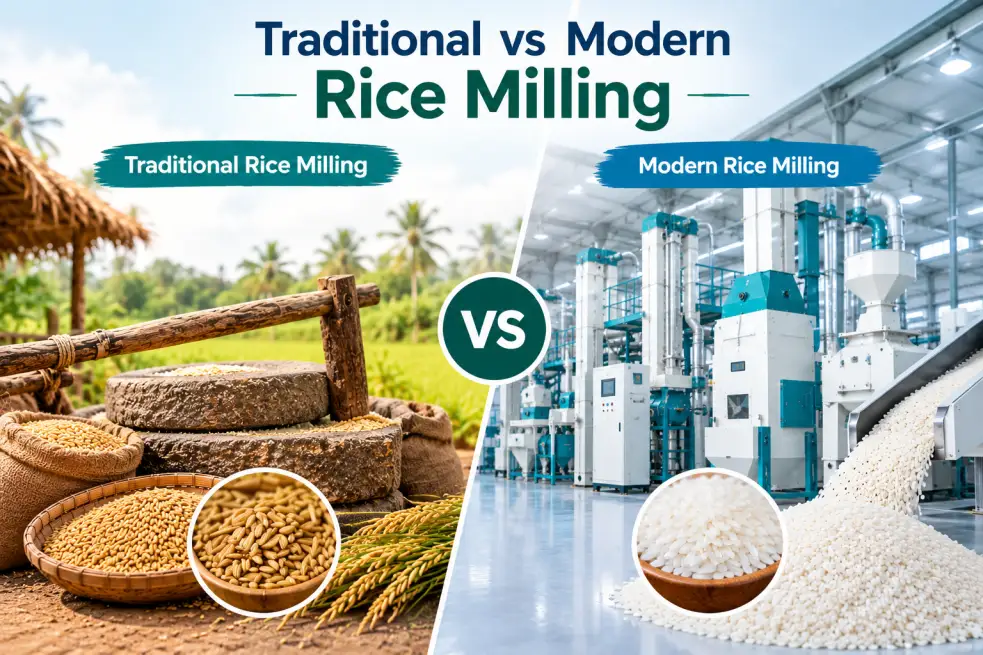 raditional vs modern rice milling, comparing traditional stone milling methods with modern automated rice processing machinery and polished rice production.