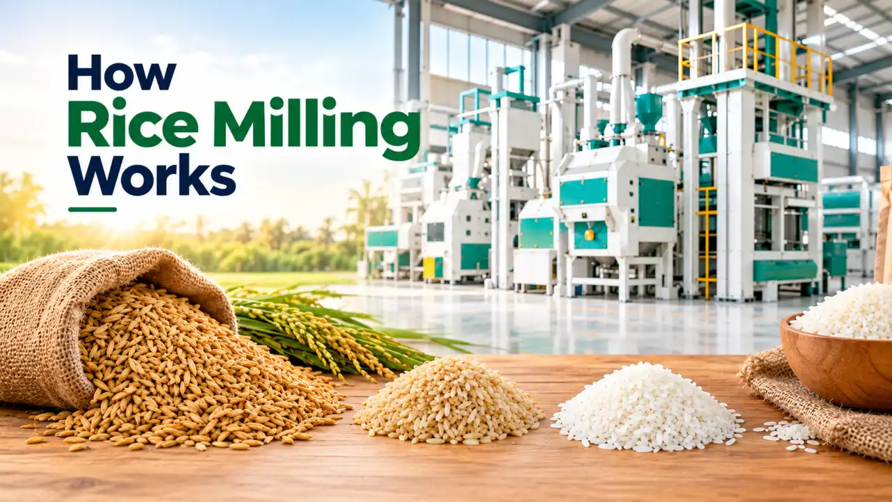 How rice milling works – modern rice milling machinery transforming raw paddy into high-quality polished rice.
