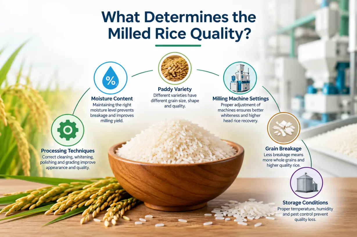 Factors determining milled rice quality, including paddy variety, moisture content, milling machine settings, grain breakage, storage conditions, and processing techniques.